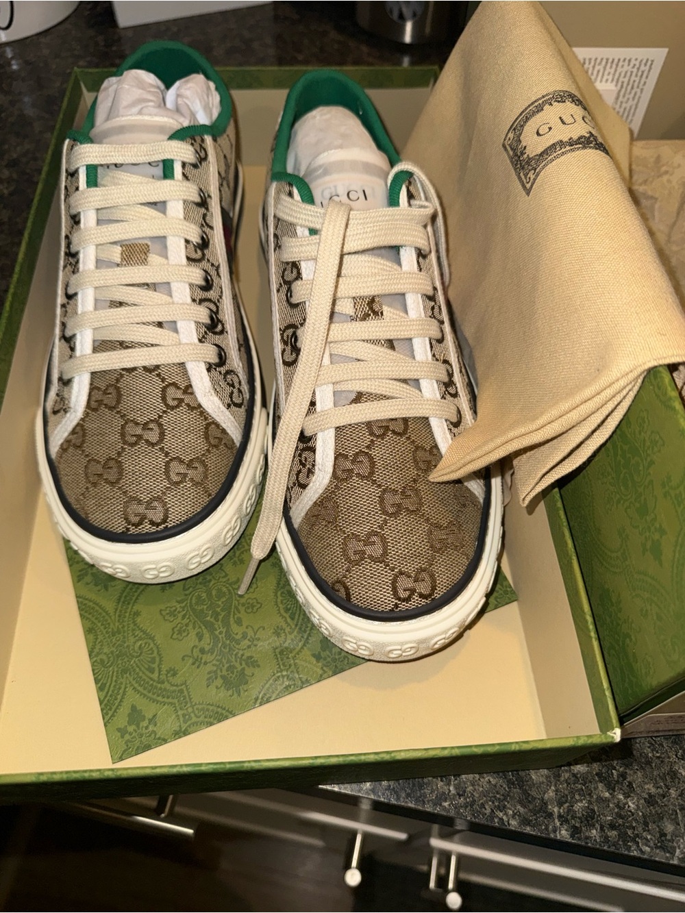 Gucci GG Canvas Sneakers in Beige with Green Trim